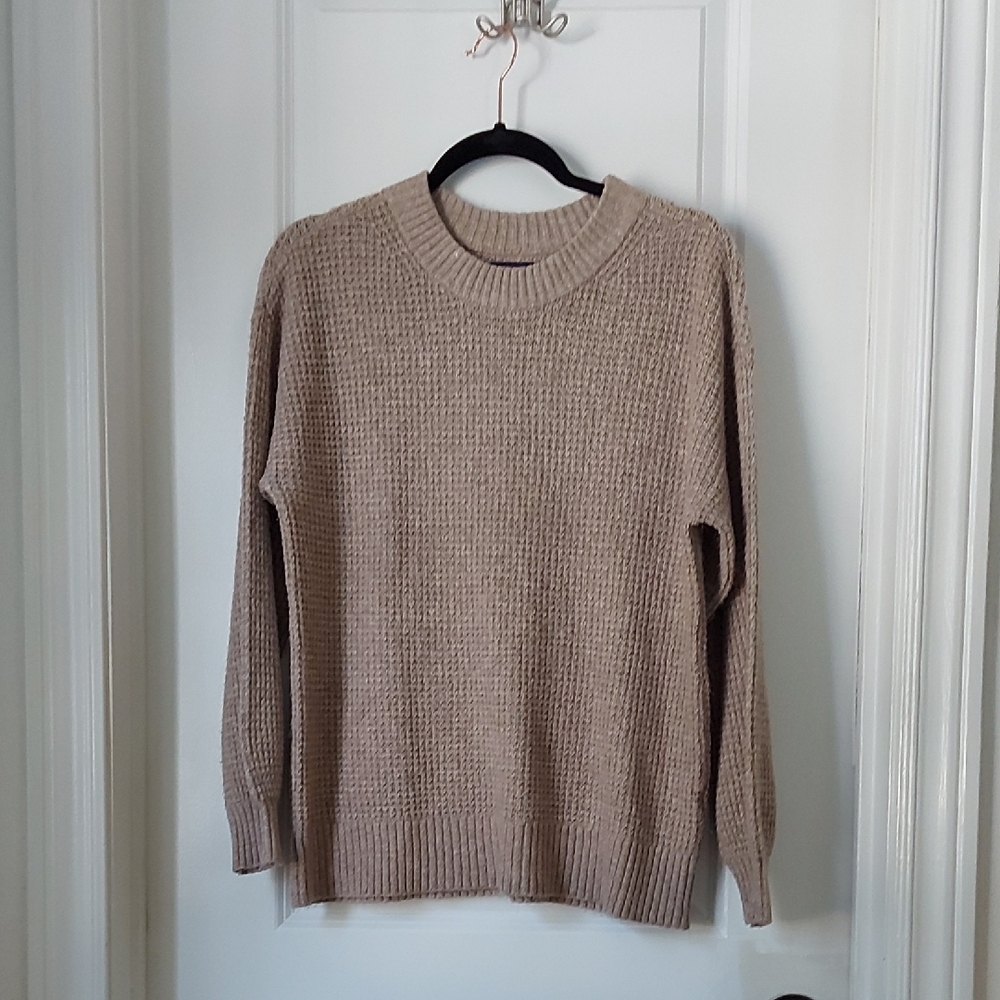 American Eagle Outfitters Women's Beige Waffle Knit Crewneck Sweater